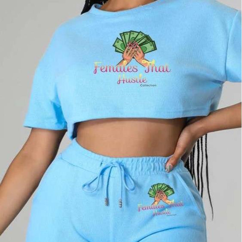 Women Clothing Casual Solid Color Jogger Biker Short Set Crop Top Two Piece Sets